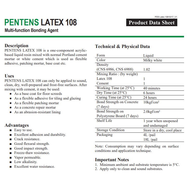 4lt Pentens Latex 108 Water Resistant Bonding Agent And Mortar