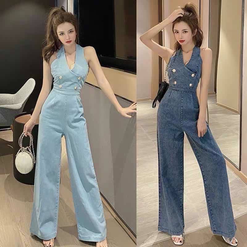 Beiiew Jeans Jumpsuit With Halter Neck Hot Work Good Quality Excellent Grade Decorated With Gold Buttons With Back Zipper Sexy And Cute Denim Jumpsuit