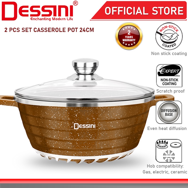 DESSINI ITALY Granite Die Cast Aluminium Non Stick Casserole Pot Bowl Deep Fry Pan Cookware Tool (24cm)