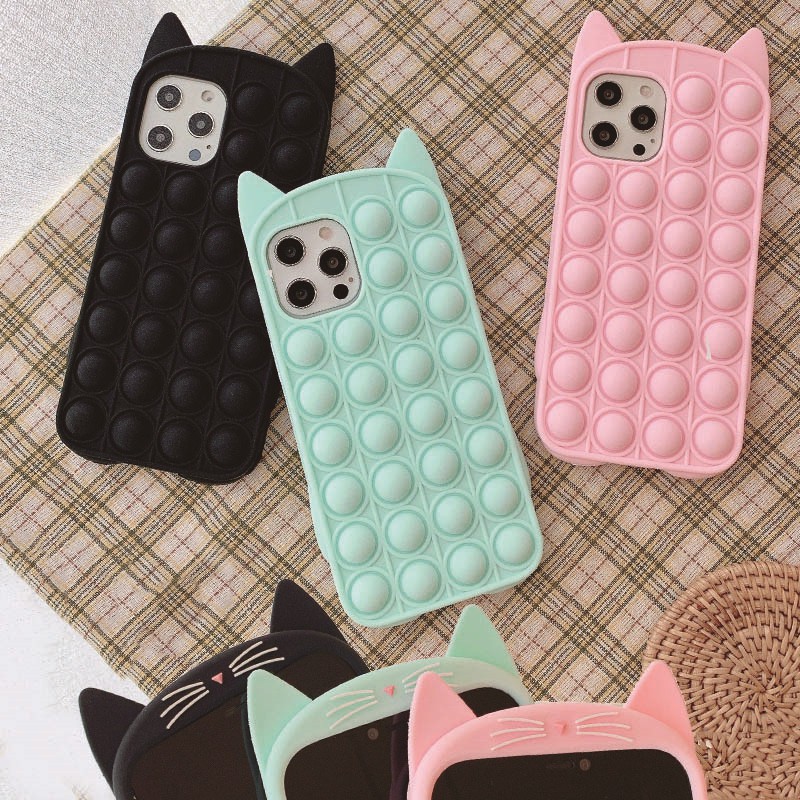 Funny Popit Fidget Toy Push Pop Bubble Kitty Cat Meow Phone Case For Iphone 12 Mini 11 Pro Xs Max Xr 7 8 Plus Reliver Stress Toys Soft Silicone Cover Push It