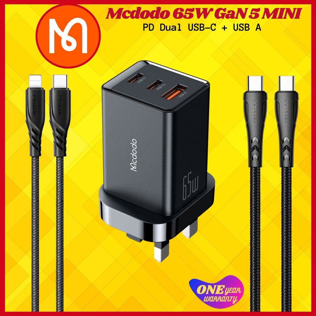 【1YrWarranty】Mcdodo UK High Tech 65W GaN5.0 Mini PD Dual USB-C+ USB A Charger Quick Charge Laptop Tablet Mobile Phone