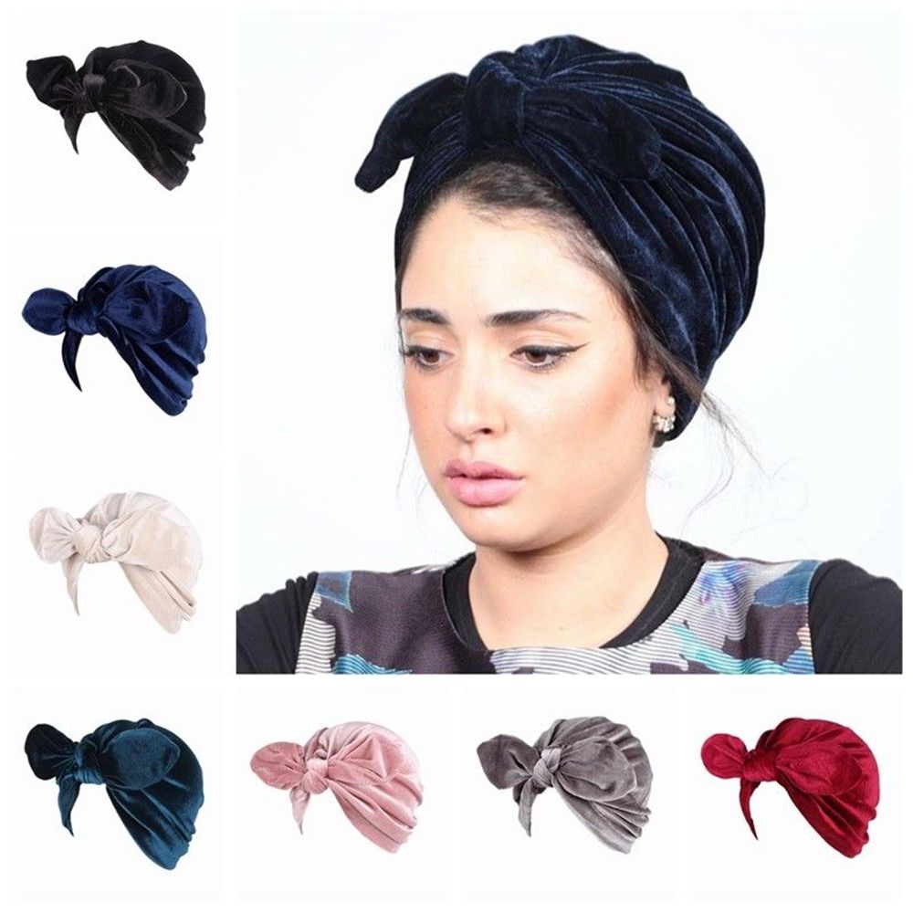 Women Velvet Hijab Bow Rabbit Ears Muslim Turban Chemo Cap Head Wrap Bandanas