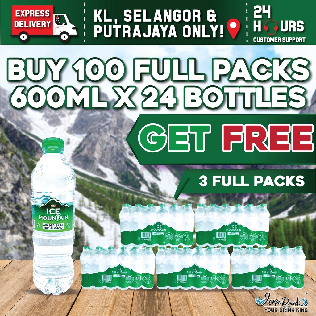 BUNDLE OF 100 FULL PACKS ICE MOUNTAIN MINERAL WATER 600ML x 24