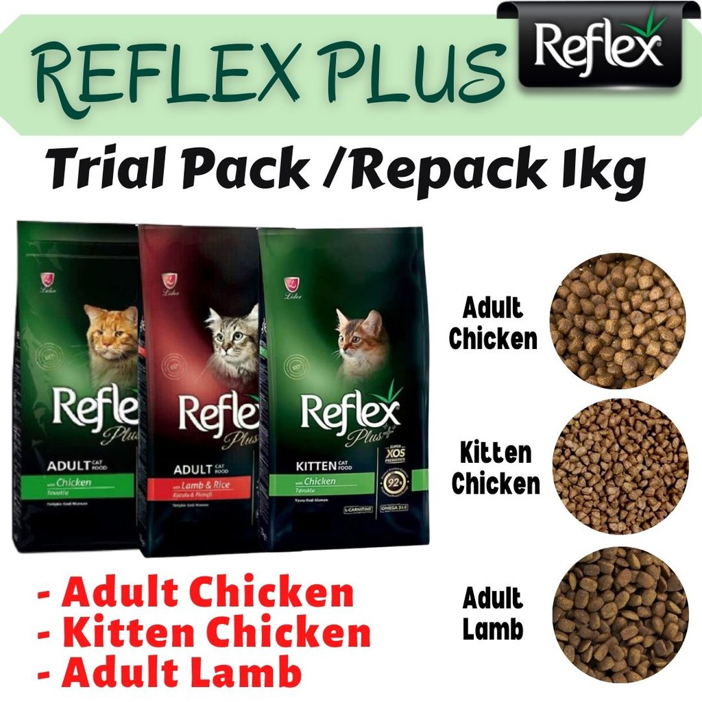 Repack 1kg Reflex Plus Kitten Chicken Adult Chicken Lamb Cat Dry Food For Cats