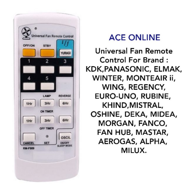 Universal Fan Remote Control For Brand KDK,PANASONIC, ELMAK, MONTEAIR ii, WING, REGENCY, EURO-UNO, RUBINE, KHIND | Shopee