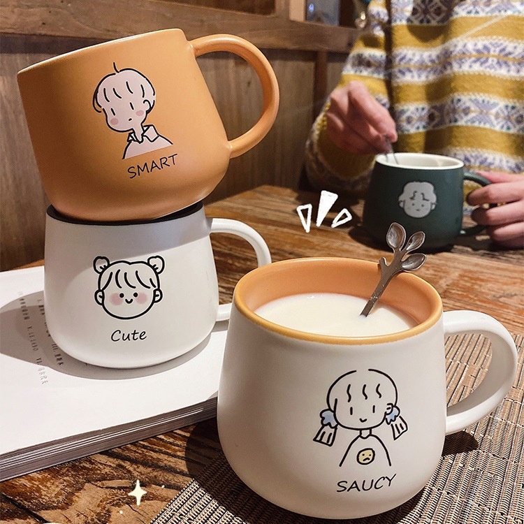 [Ready Stock] Creative cartoon ceramic mug / coffee milk tea ceramic mug with spoon / cute couple mug / 情侣马克杯