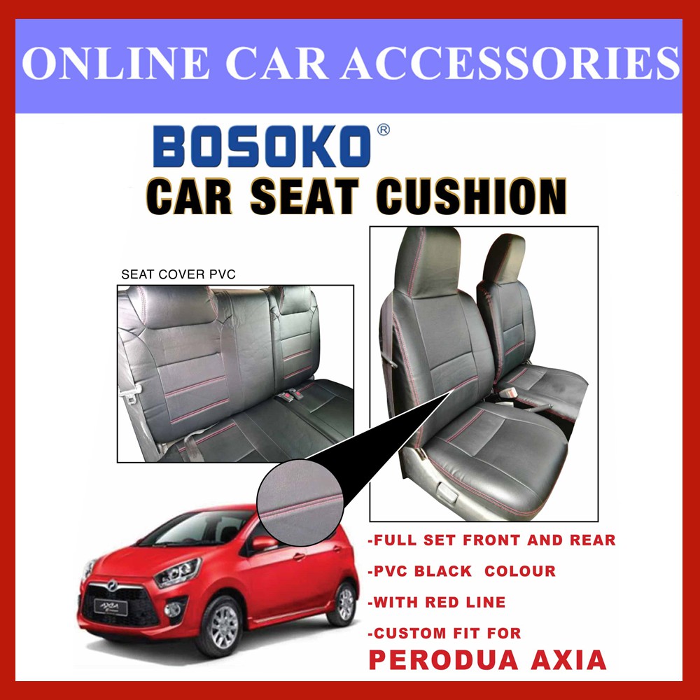 Perodua Axia (Back Seat One Piece) - Custom Fit OEM Car Seat Cushion Cover PVC Black Colour Shining With Red Line