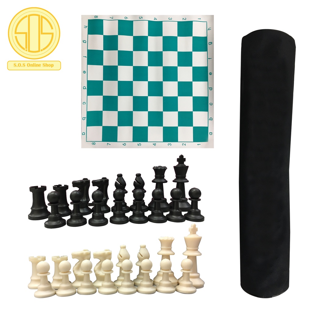 Tournament Chess Set Plastic Filled Chess Pieces and Green Roll-up PVC Chess Board with Bag