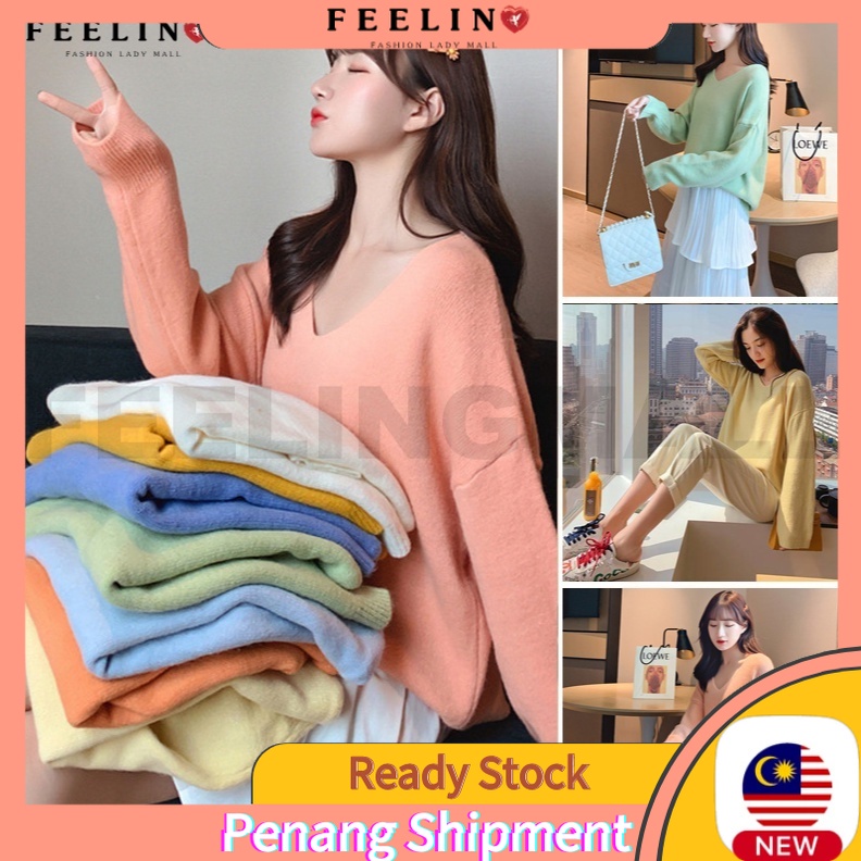 Ready StockKorean Women Casual Long Sleeve V Neck Sweaters Knitwear Knitted Top Baju Sejuk thin knitted top