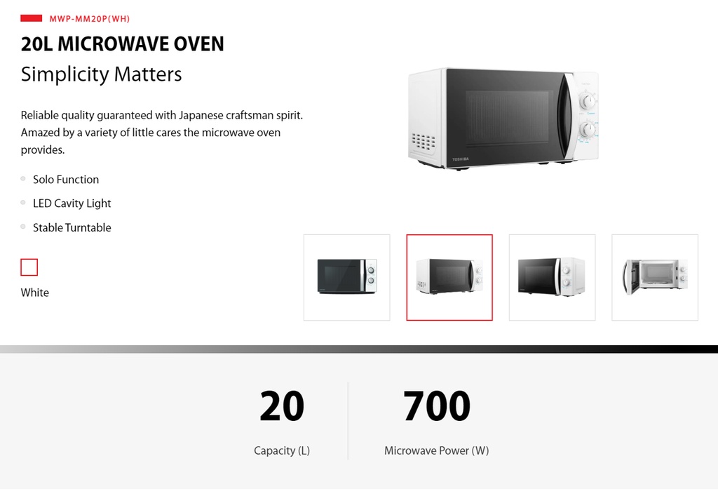 Toshiba Microwave Oven (20L/700W) 5 Power Levels Solo Microwave MWP