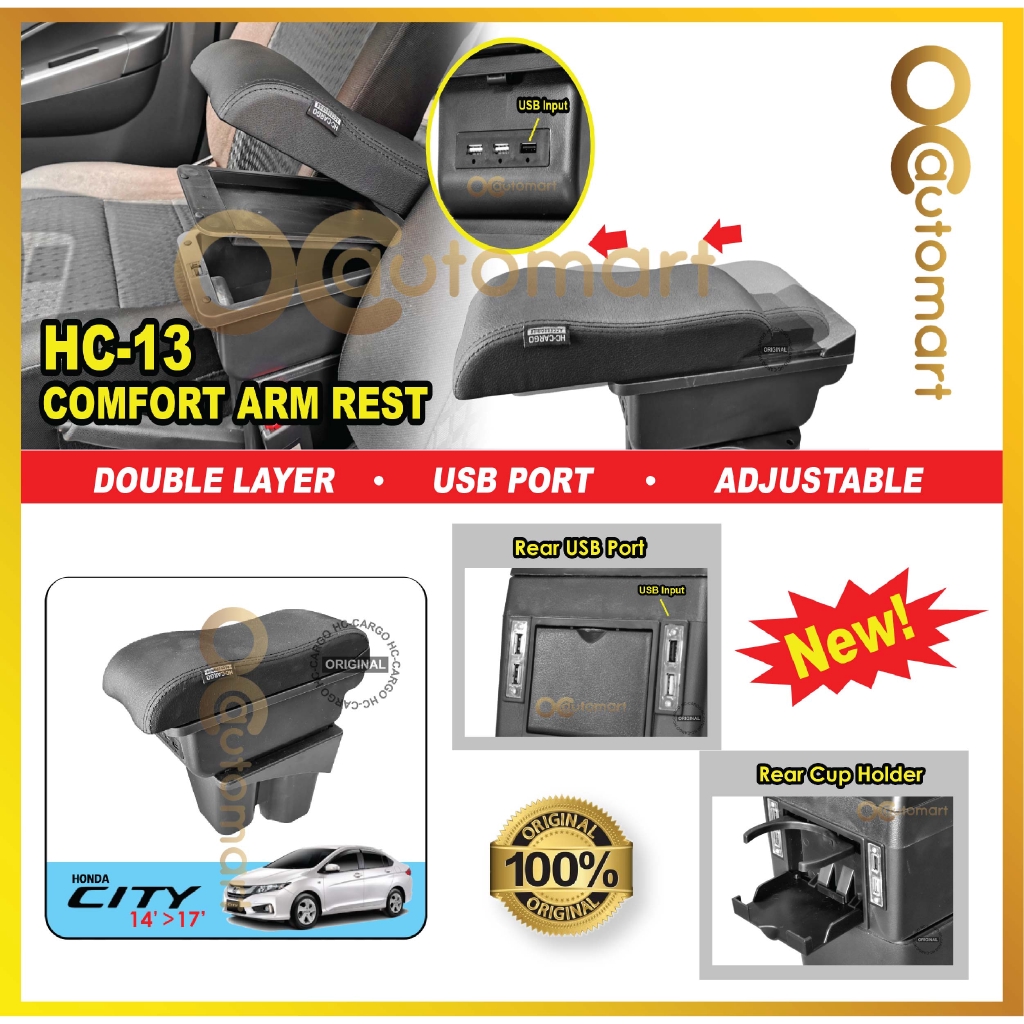 USB LED Indicator Double Layer Comfort Adjustable Arm Rest / Console Box - Honda City 14-17