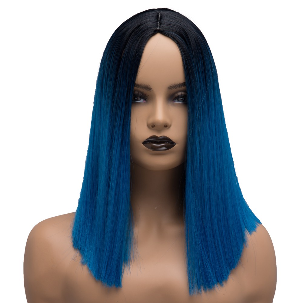 Bestung Women Ombre Blue Black Dark Roots Medium Length Straight Bob Wig