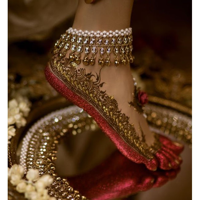 Golden- Pearl Kushi Bridal Anklets with Bells Indian Wedding Anklets ...