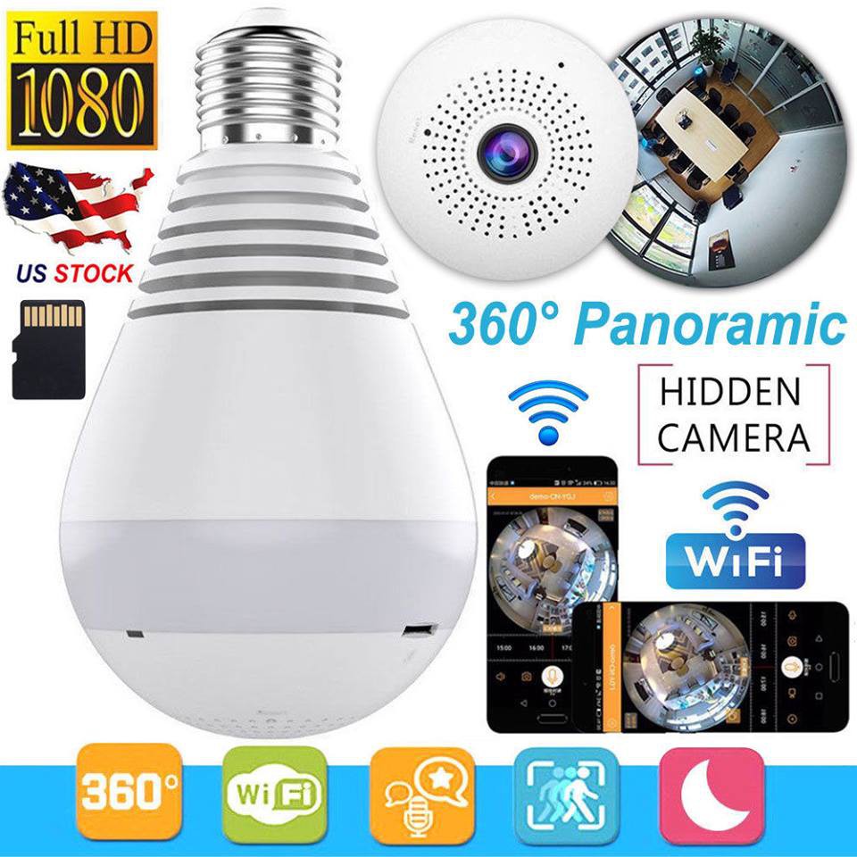 360degree Panoramic 1080P Hidden IR Camera Light Bulb Wifi FishEye CCTV ...