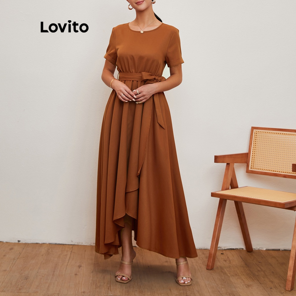 Lovito Elegant Plain Wrap Round Neck Roll Up Sleeve Ball Gown Dress