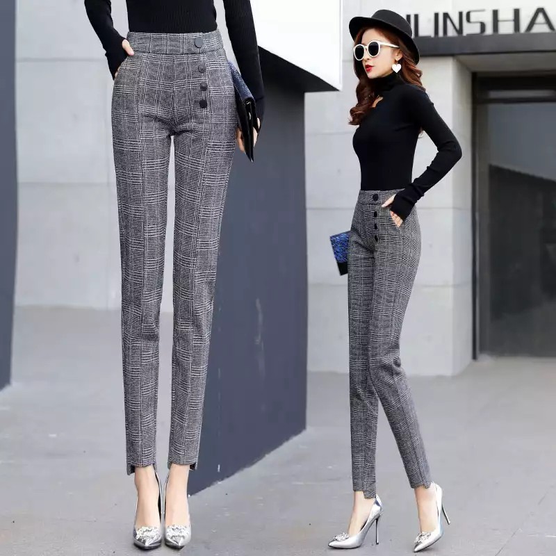 gray plaid pants women