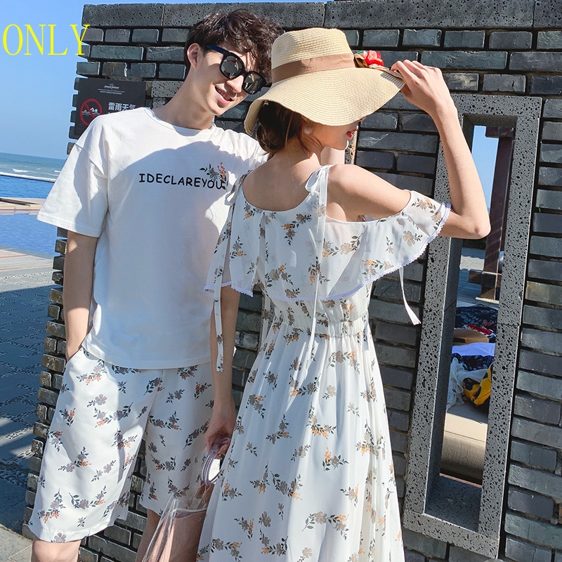 couple wear beach lovers vacation travel clothes men's short sleeve t-shirt  and pants women chiffon dress couple set | Shopee Malaysia