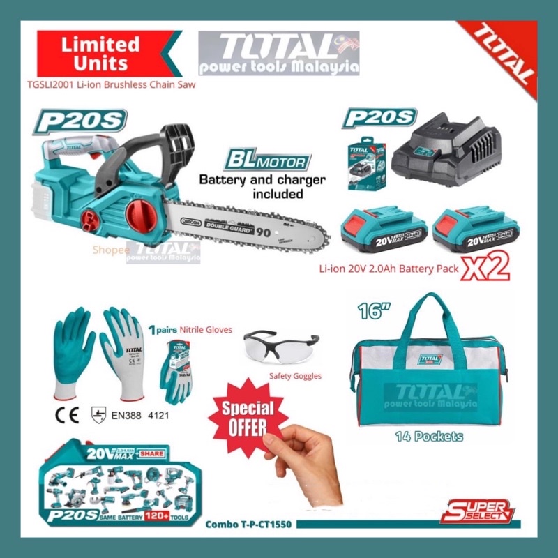 TOTAL Cordless ChainSaw 20V Brushless Motor_ Value Package Shopee
