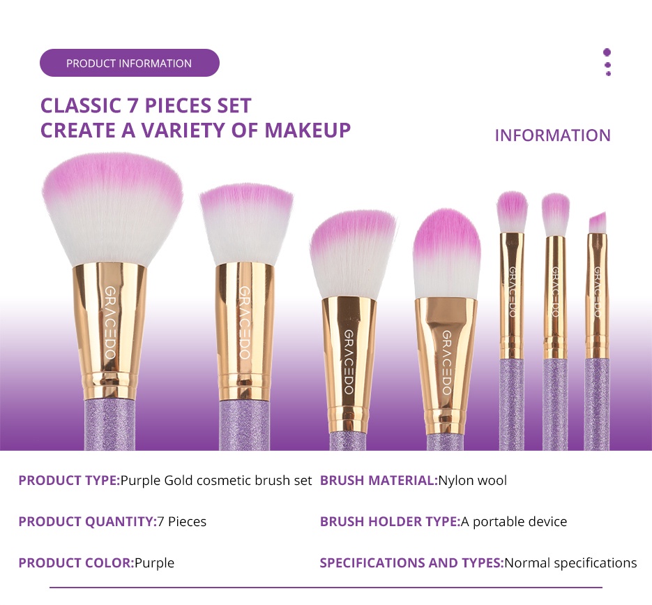 GRACEDO 7pcs Makeup Brush Set Violet Gold Fullfeatured Professional