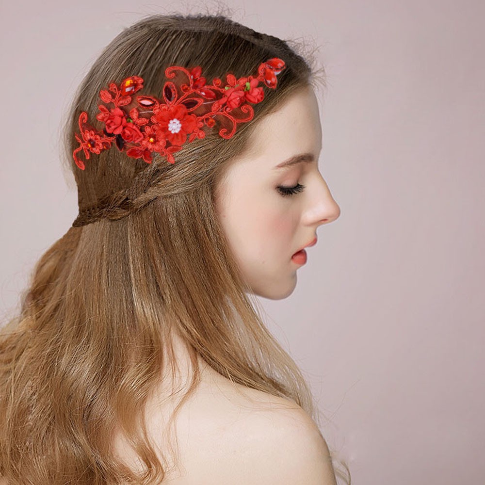 Chinese Style Red Bridal Flower Hair Bands Wedding Headdress