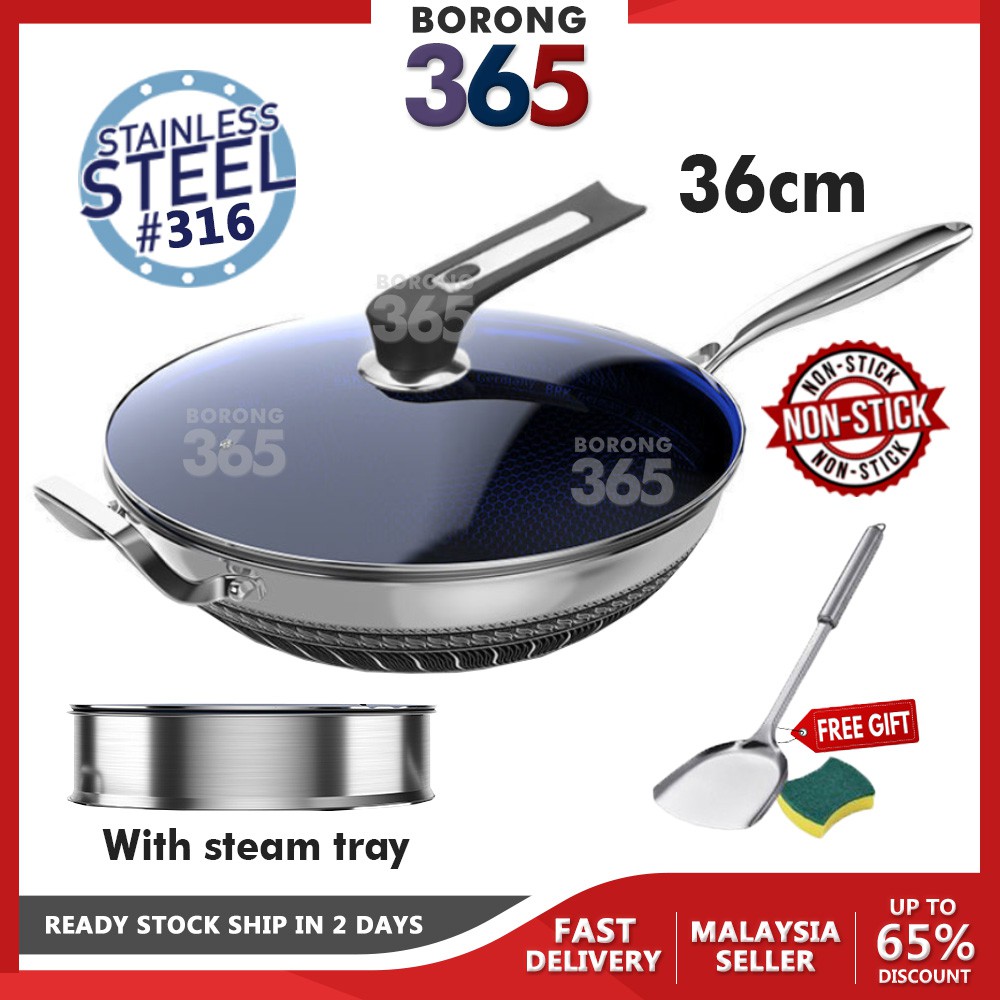 Borong365 36cm SUS 316 Stainless Steel Germany BRK Wok Non-Stick Nano 316 Stainless Steel Honeycomb Wok