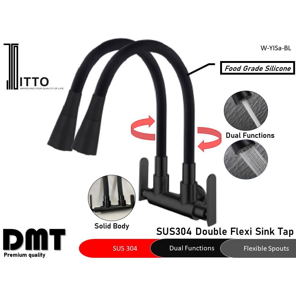 ITTO SUS304 Black Stainless Steel Kitchen Sink Tap, Double Flexible, Paip Air Sinki Hitam, Premium Quality