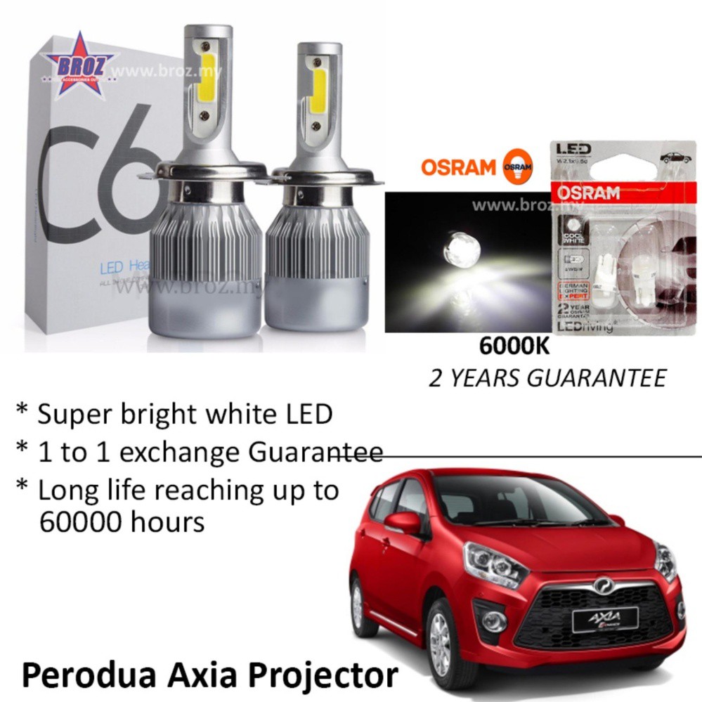 Perodua Axia Projector Head Lamp C6 Led Auto Head Lamp 6500k White 2pcs Osram T10 2pcs Shopee Malaysia