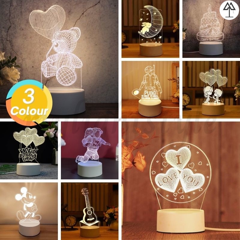 【Fast Ship】3 Colour 3D LED Night Lights Gift Table Lamp Acrylic Light Lampu Meja Hadiah Wedding