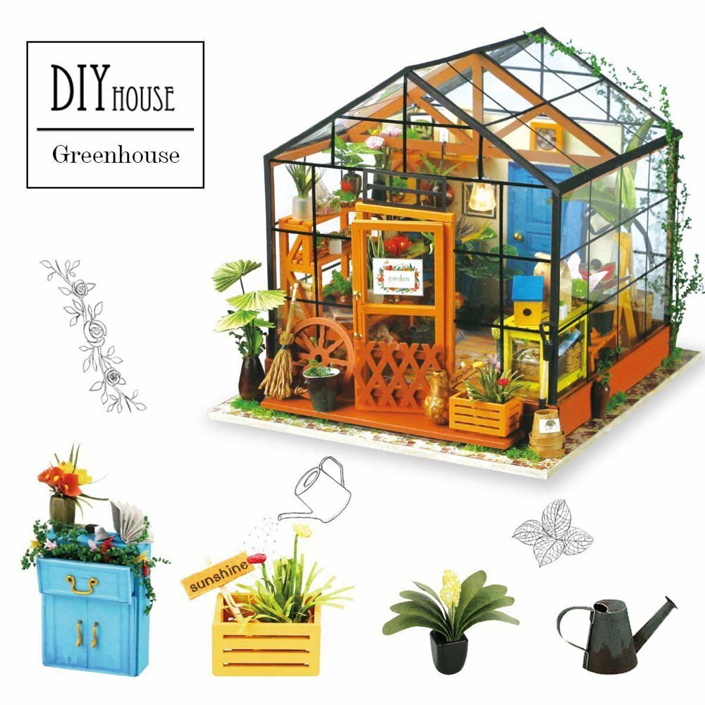 DIY 3D House Model Kit Greenhouse Miniature LED Light Dolls House Build  neu 