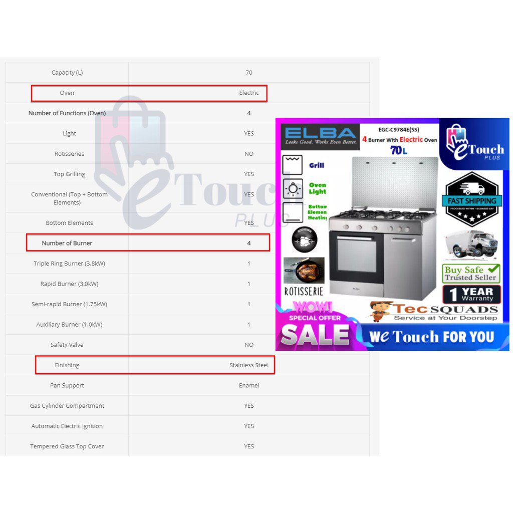 Elba Free Standing Cooker Electric/Gas Oven (70 L) EGC-C9703/9704G BK  EGC-C9783E SS/C9784E SS | Shopee Malaysia