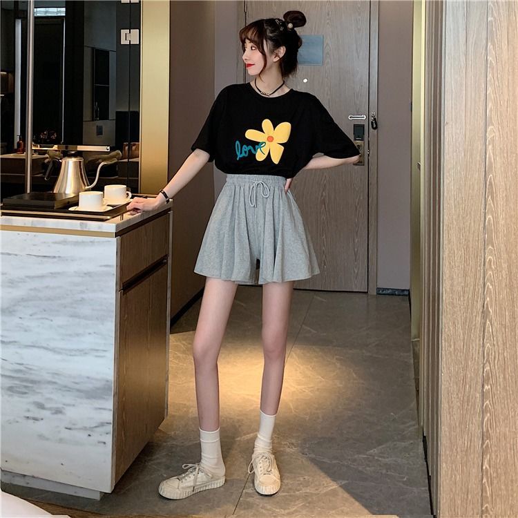 Wide leg shorts women's Korean version solid color high waist drawstring  casual A-line sports shorts trendy | Shopee Malaysia