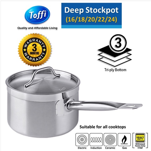 Toffi 3 Layers Deep Saucepan with Lid Stainless Steel (16/18/20/22/24cm