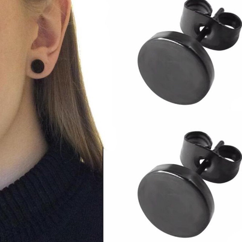 (1pair)Round shaped black stainless steel earrings for women men ear studs