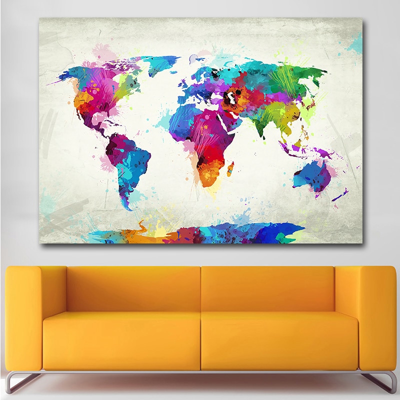 Watercolor World Map Canvas Watercolor World Map Painting Posters And Prints Canvas Scandinavian Wall  Art Picture | Shopee Malaysia