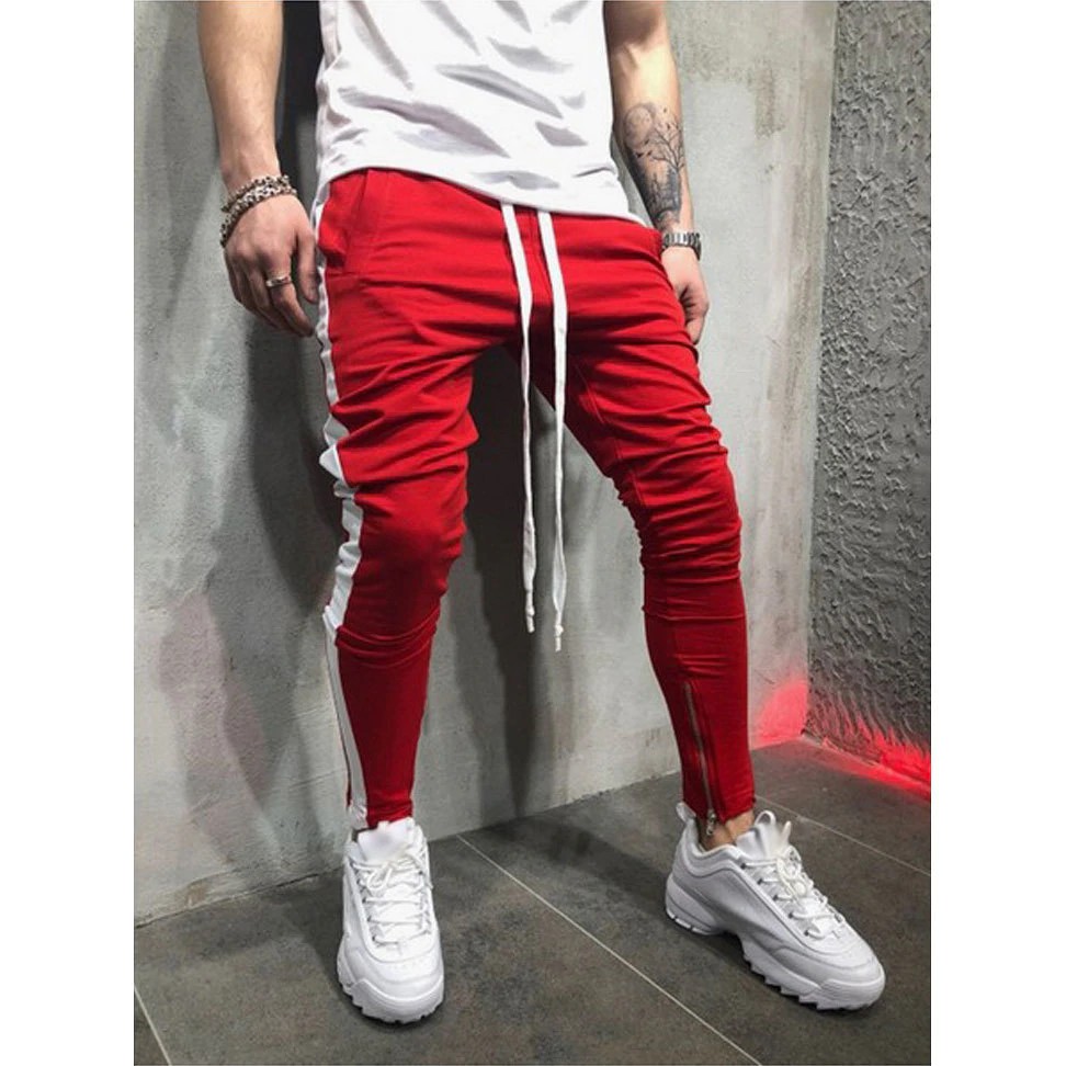 red and white striped joggers