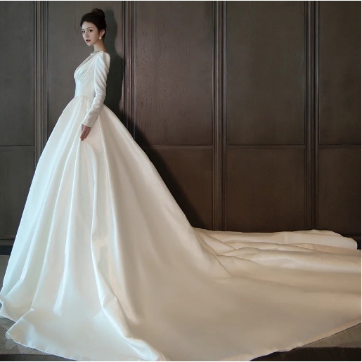Satin Wedding Dress 2022 New Bridal Long trailing Court style Retro Women long sleeve French style Luxury Wedding Ball Gown Maxi Dress
