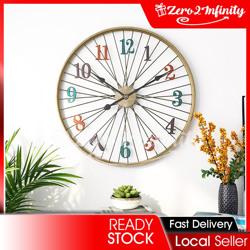 【Z2I】60cm Metal Decor Wall Clock Watch Vintage Bicycle Wheel Design Living Room Home Decoration Wall Watch