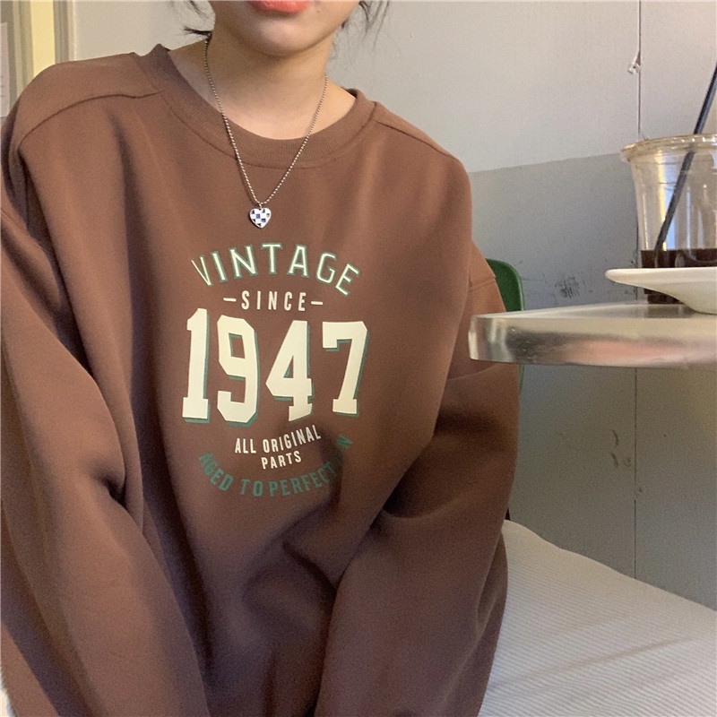 Women's Fashion Plus Size Vintage Letters Print Loose Sweatshirt Korean Long Sleeve Round Neck Casual Jacket