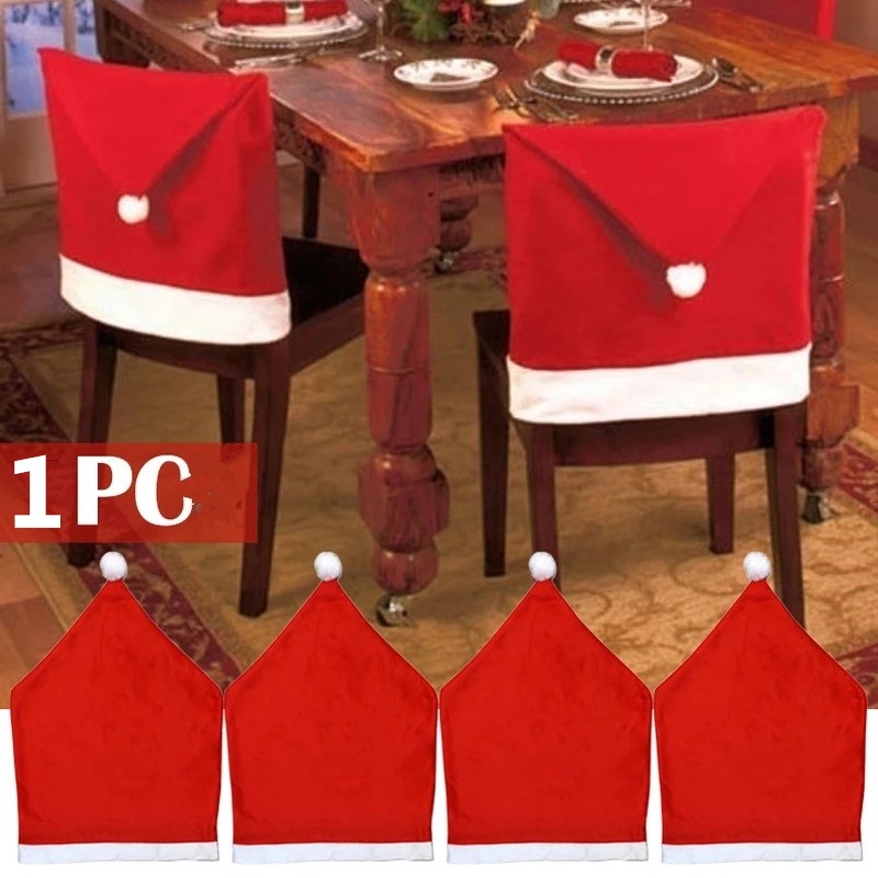 Set of 4 Lifreer Christmas Themed Chair Covers Dining Chair Covers Red Colour Chair Seat Slip Cover Novelty Christmas Table Decoration for Dining Room Kitchen Carteen 