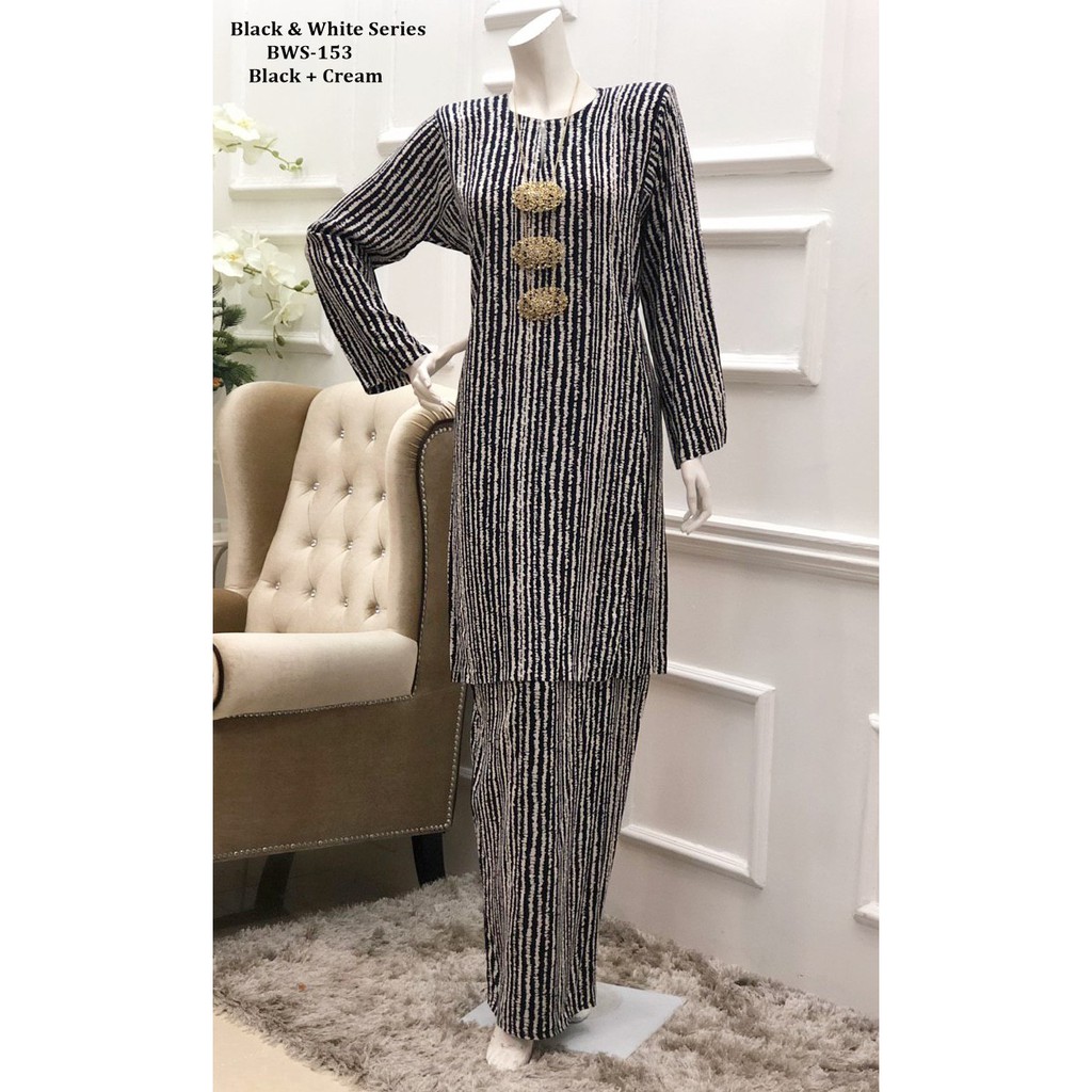 Baju Kurung Pahang Kurung Cotton Hitam Putih Cotton Viscose Black White Series Starina Shopee Malaysia