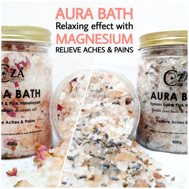 Aura Bath Salt 400g boleh mandi guna baldi, Epsom Salt & Pink Himalayan Salt, Immediate relieve