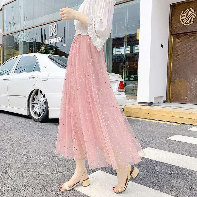 GIDEONS <Two layers of yarn + inner lining> Women's new high-waisted slim sequined mesh skirt mid-length all-match fairy skirt