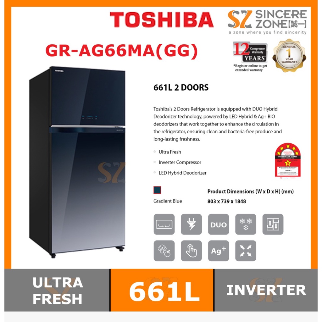 TOSHIBA GRAG66MA(GG) 661L 2DOORS FRIDGE / INVERTER / AUTO ICE MAKER