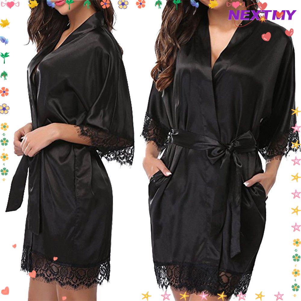 NEXTSHOP Sexy Ladies Bath Robe Long Sleeve Lace Kimono Dress Silk Satin Women Plus Size Sleepwear Babydoll Lingerie Nightwear Bridesmaid Robes/Multicolor