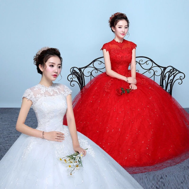 Women Lace Wedding Dress Short Sleeve Elegant White Red Bride