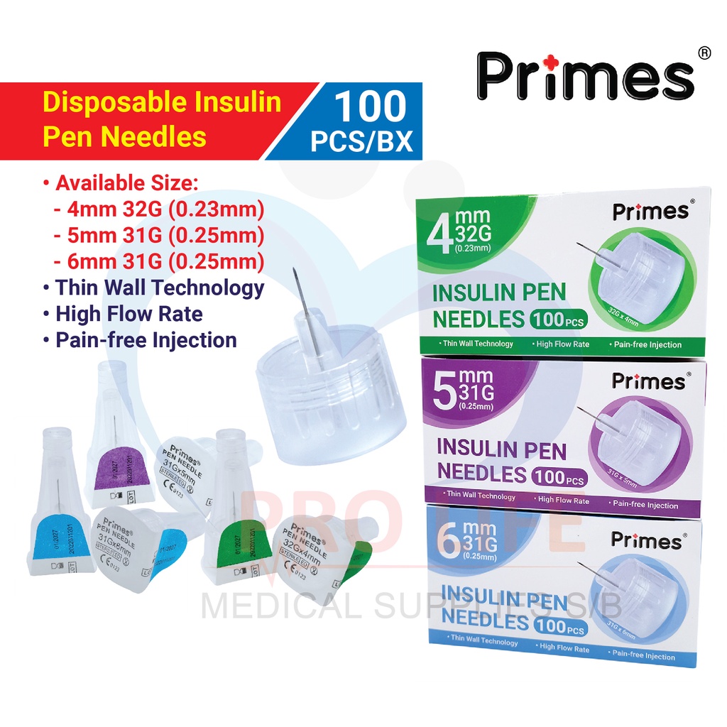 Primes Disposable Insulin Pen Needles 4mm 32G / 5mm 31G / 6mm 31G 100pcs/per box