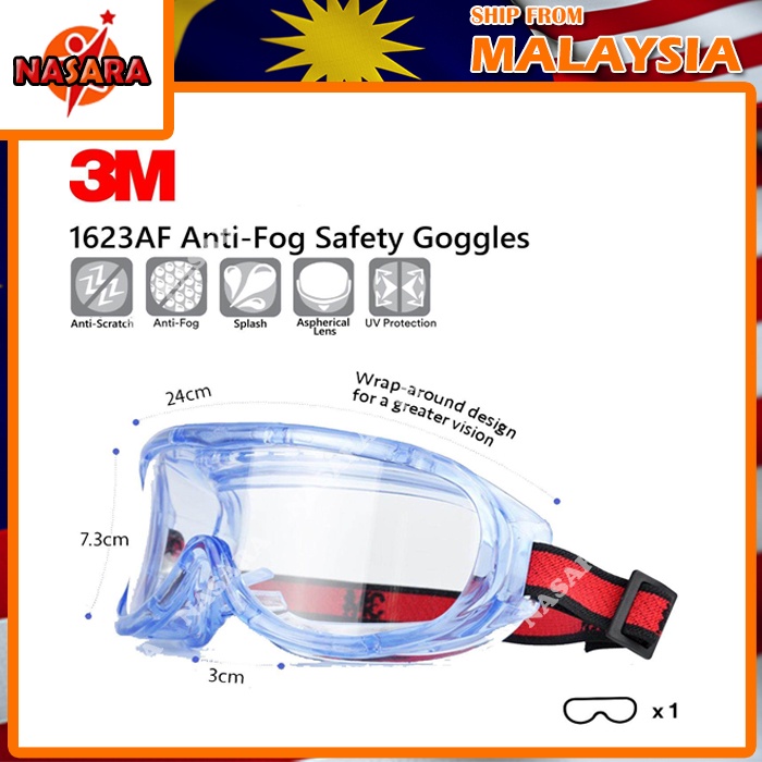 Nasara 3M 1623AF Safety Goggles Anti Fog Anti Scratch UV Resistance [Clear/ Transparent Lens]