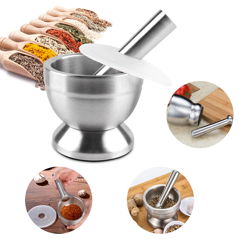 Stainless Steel Garlic Grinder Metal Mortar Salt And Pestle Pedestal Bowl Garlic Press Pot Herb Pepper Spice Grinder Pot