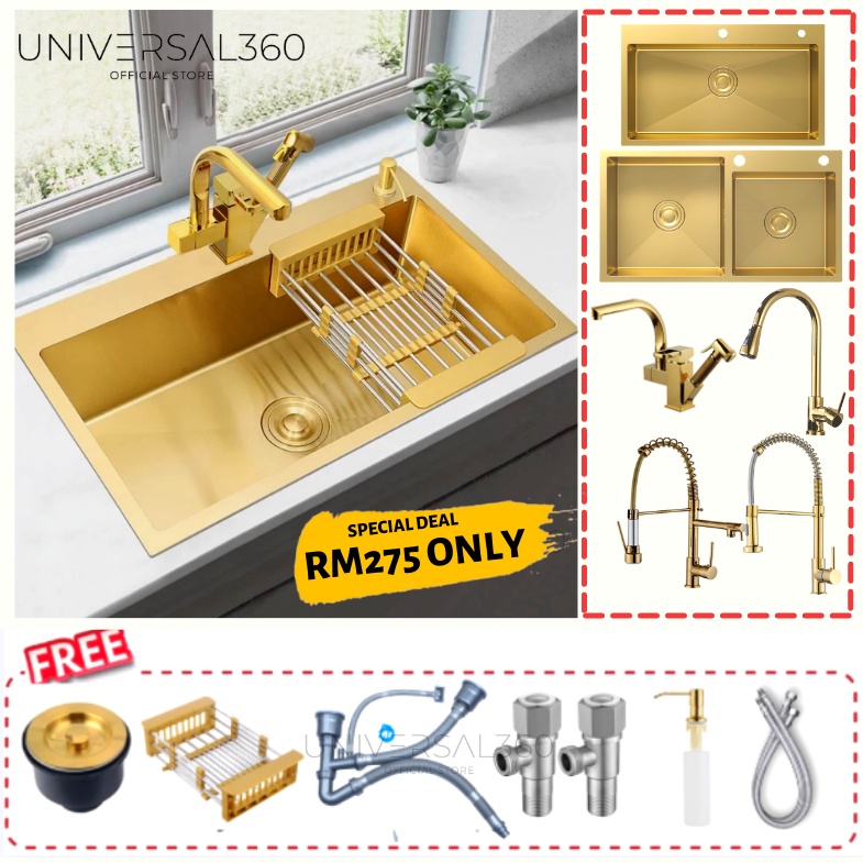 Premium Gold Stainless Steel Home Kitchen Sink Sinki Dapur Nano Single