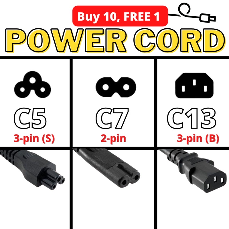 (C5 C7 C13) Power Cord / Power Supply Cable / Power Connector / 2-Pin / 3-Pin (B) / 3-Pin (S)